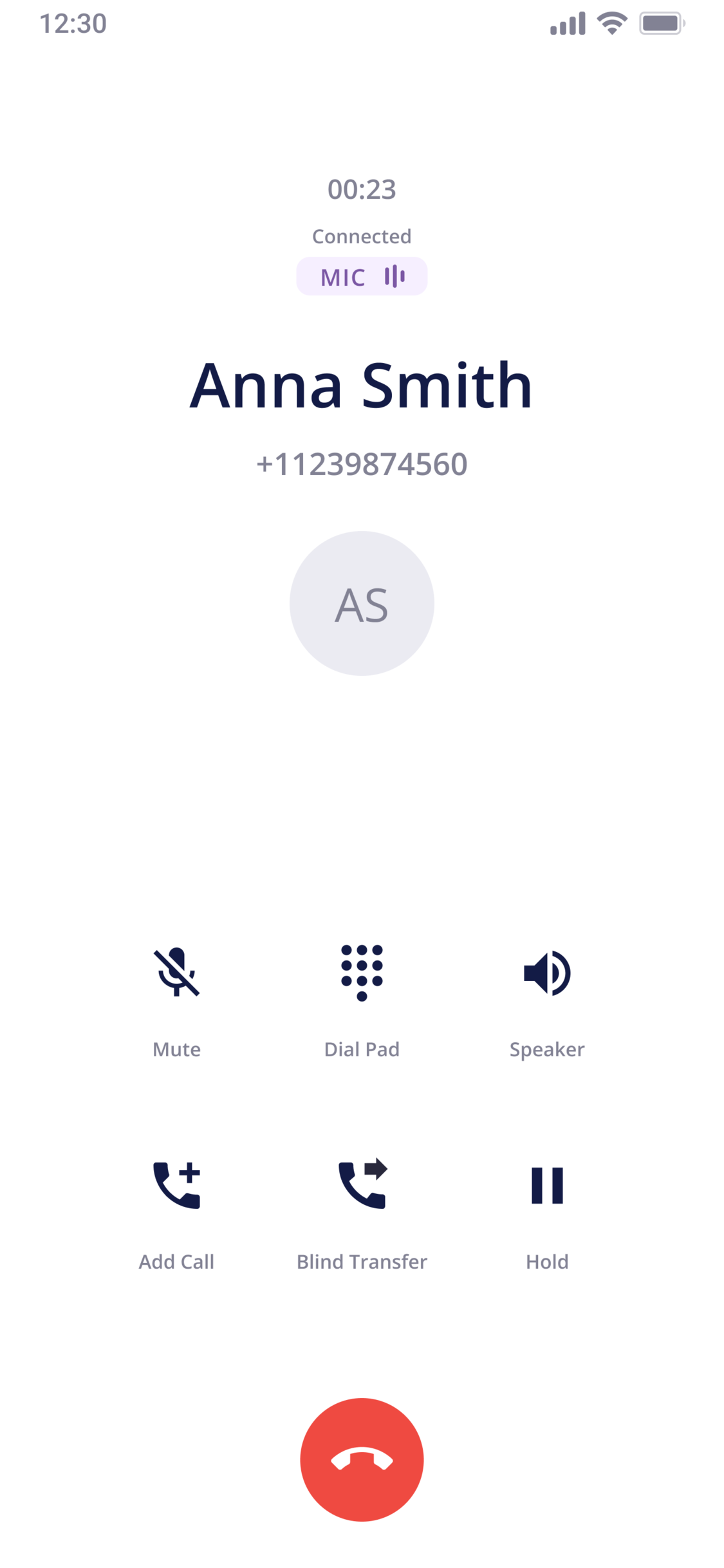 CCPro mobile call workspace showing an active call, customer context, and in-call controls.